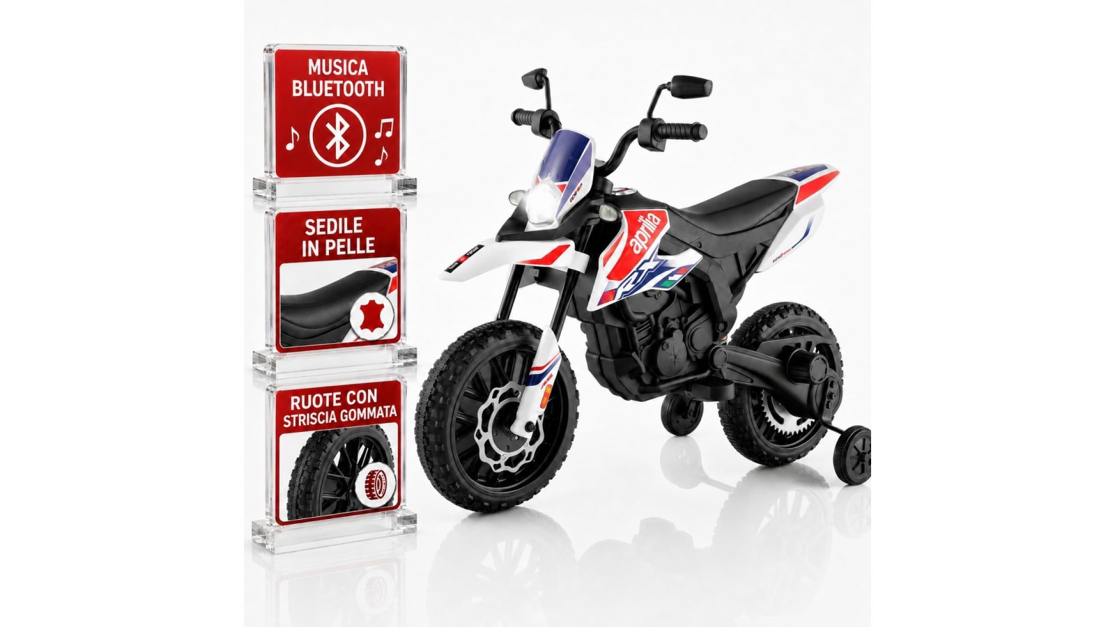 Moto Elettrica Bambini Aprilia RX 12V Bianca Nera 1-4 Anni 3 Ruote LED Bluetooth
