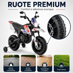 Moto Elettrica Bambini Aprilia RX 12V Bianca Nera 1-4 Anni 3 Ruote LED Bluetooth