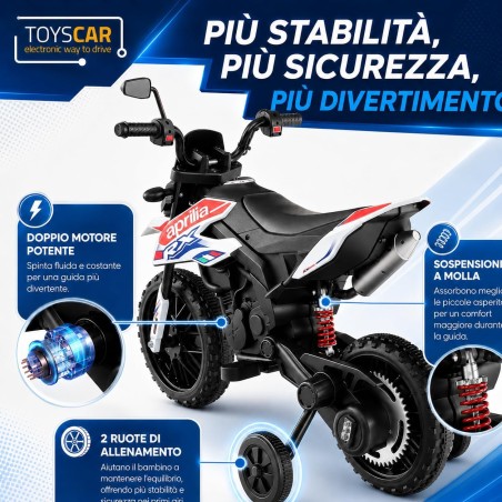 Moto Elettrica Bambini Aprilia RX 12V Bianca Nera 1-4 Anni 3 Ruote LED Bluetooth