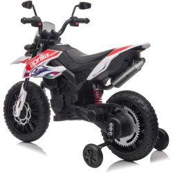 Moto Elettrica Bambini Aprilia RX 12V Bianca Nera 1-4 Anni 3 Ruote LED Bluetooth