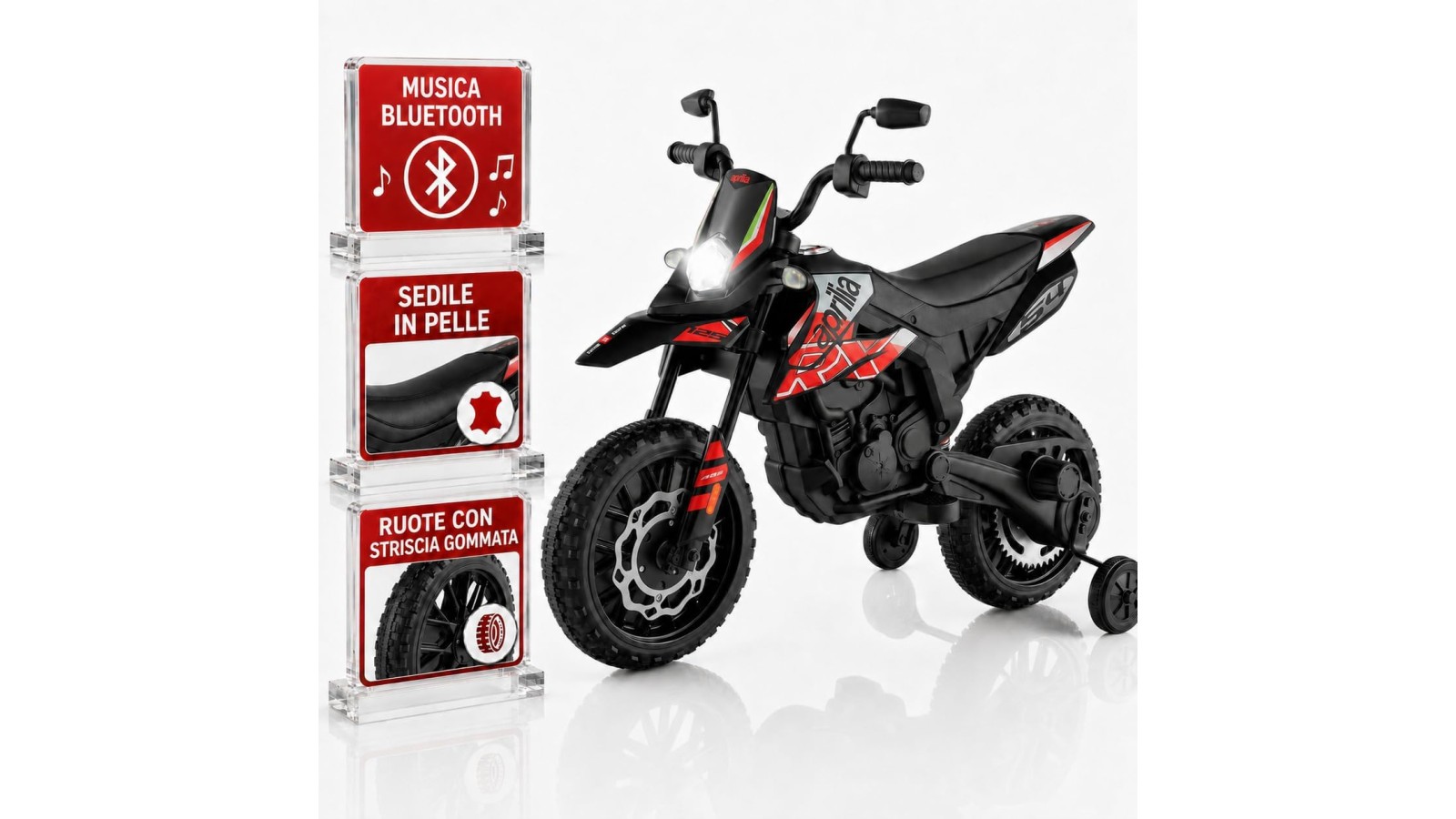 Moto Elettrica Bambini Aprilia RX 12V Rossa Nera 1-4 Anni 3 Ruote LED Bluetooth