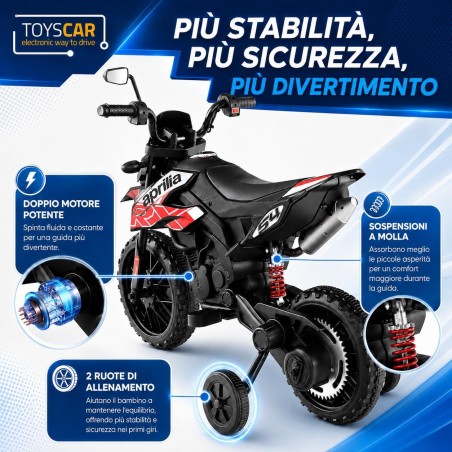 Moto Elettrica Bambini Aprilia RX 12V Rossa Nera 1-4 Anni 3 Ruote LED Bluetooth