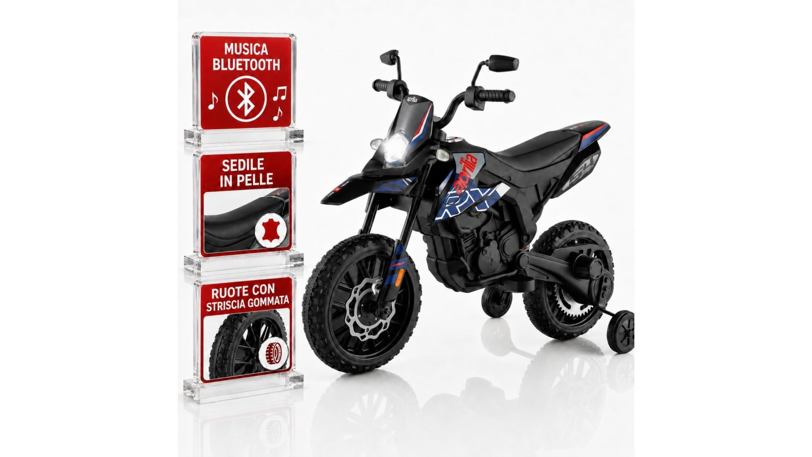 Moto Elettrica Bambini Aprilia RX 12V Blu Nero 1-4 Anni 3 Ruote LED Bluetooth