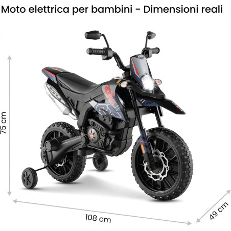 Moto Elettrica Bambini Aprilia RX 12V Blu Nero 1-4 Anni 3 Ruote LED Bluetooth