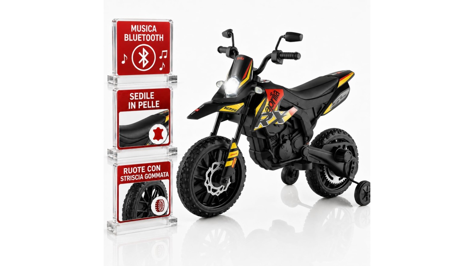 Moto Elettrica Bambini Aprilia RX 12V Gialla Nera 1-4 Anni 3 Ruote LED Bluetooth