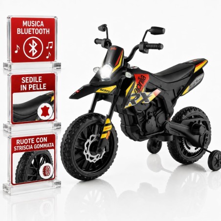 Moto Elettrica Bambini Aprilia RX 12V Gialla Nera 1-4 Anni 3 Ruote LED Bluetooth