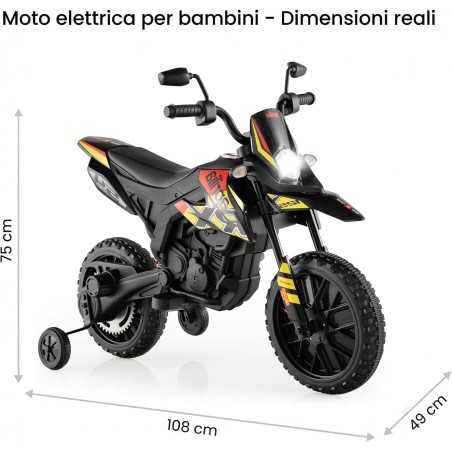 Moto Elettrica Bambini Aprilia RX 12V Gialla Nera 1-4 Anni 3 Ruote LED Bluetooth