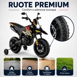 Moto Elettrica Bambini Aprilia RX 12V Gialla Nera 1-4 Anni 3 Ruote LED Bluetooth