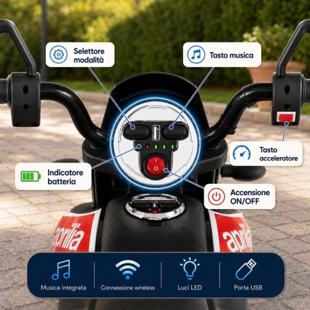 Moto Elettrica Bambini Aprilia RX 12V Gialla Nera 1-4 Anni 3 Ruote LED Bluetooth