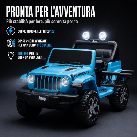 Auto Elettrica Bambini Jeep Wrangler Rubicon 12V Blu Sky 2-5 Anni Telecomando