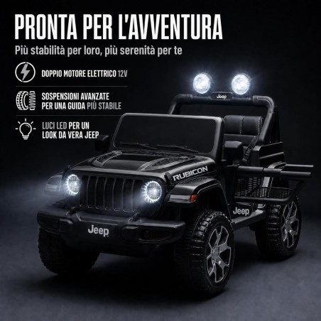 Auto Elettrica Bambini Jeep Wrangler Rubicon 12V Nera 2-5 Anni Telecomando