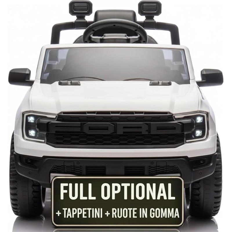 Auto Elettrica Bambini Ford Ranger Raptor 12V Bianco 1-4 Anni Telecomando Gomma