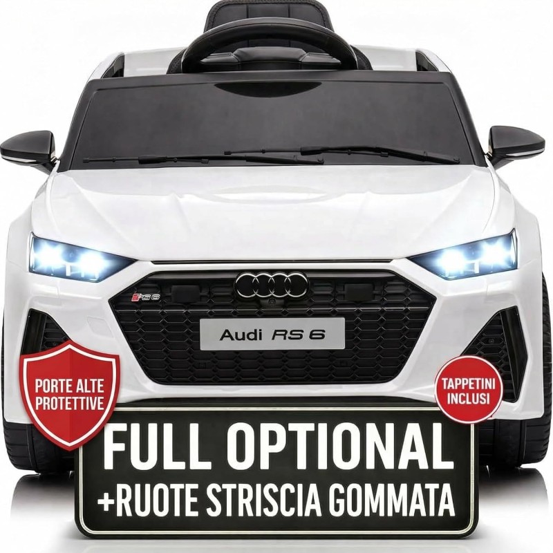 Auto Elettrica Bambini Audi RS6 12V Bianca 1-4 Anni Telecomando Pelle LED