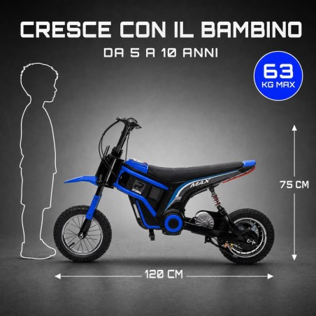 Moto Elettrica Bambini Raptor X Blu 24V 350W 5-10 Anni Freno Disco Ruote 12