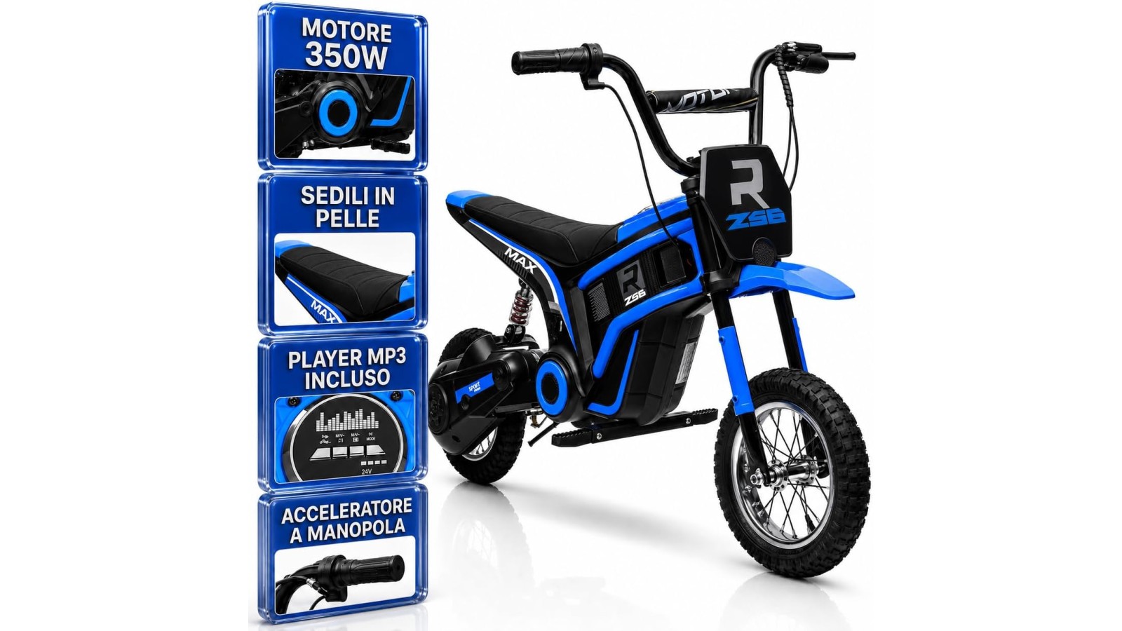 Moto Elettrica Bambini Raptor X Blu 24V 350W 5-10 Anni Freno Disco Ruote 12