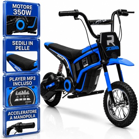 Moto Elettrica Bambini Raptor X Blu 24V 350W 5-10 Anni Freno Disco Ruote 12