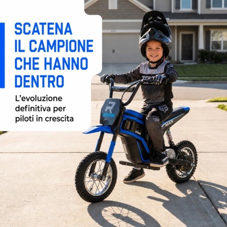 Moto Elettrica Bambini Raptor X Blu 24V 350W 5-10 Anni Freno Disco Ruote 12
