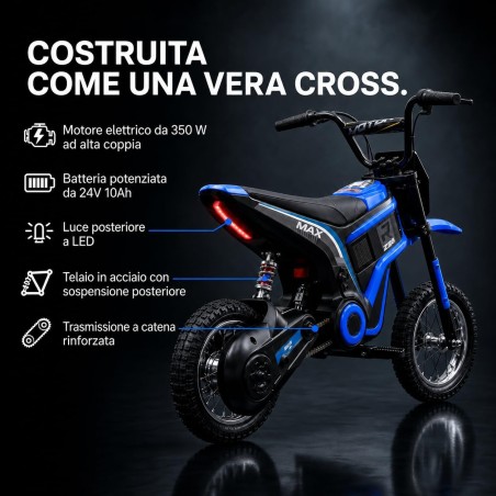 Moto Elettrica Bambini Raptor X Blu 24V 350W 5-10 Anni Freno Disco Ruote 12