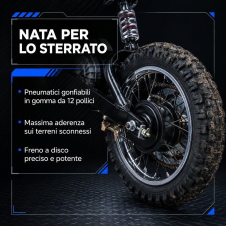 Moto Elettrica Bambini Raptor X Blu 24V 350W 5-10 Anni Freno Disco Ruote 12