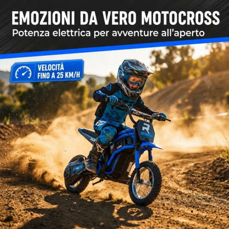 Moto Elettrica Bambini Raptor X Blu 24V 350W 5-10 Anni Freno Disco Ruote 12