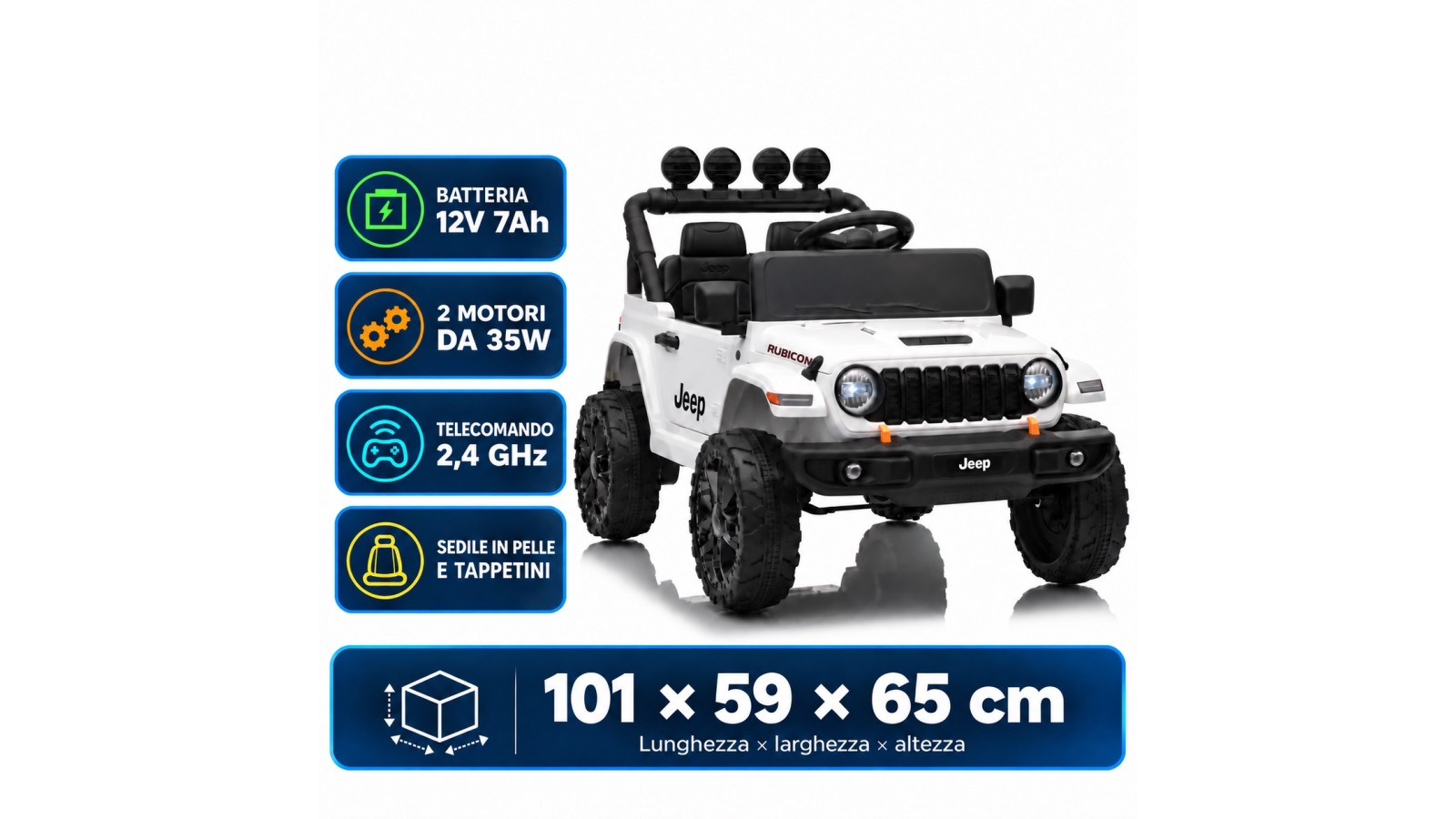 Auto Elettrica Bambini Jeep Wrangler Rubicon 12V Bianca Telecomando