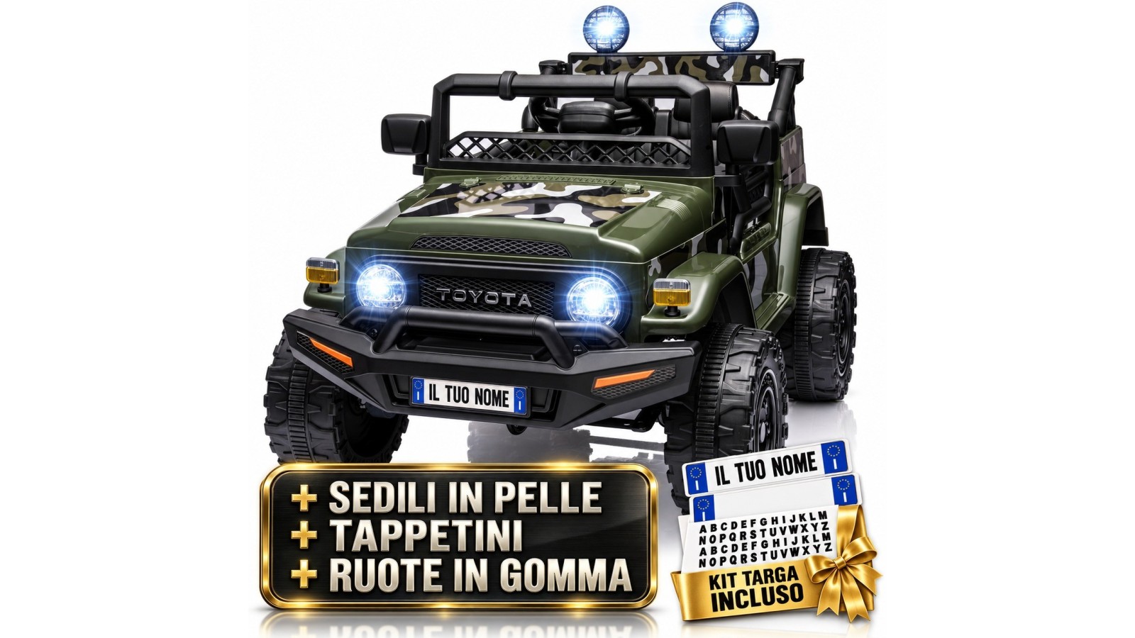 Auto Elettrica per Bambini Jeep Toyota Fj Cruiser 12V Ruote in Gomma Full Optional Sedile Pelle Porte Apribili Telecomando Army