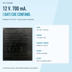 Etichetta FLH-D1207: ingresso 110-240 V AC, uscita 12 V DC 700 mA e polarità positiva centrale