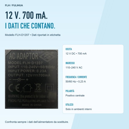 Etichetta FLH-D1207: ingresso 110-240 V AC, uscita 12 V DC 700 mA e polarità positiva centrale