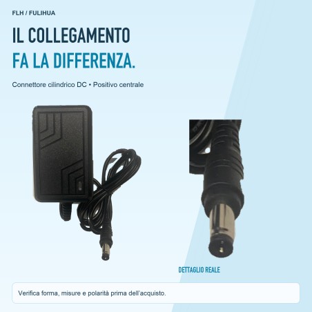 Alimentatore FLH-D1207 con dettaglio del connettore cilindrico DC da confrontare prima dell’acquisto