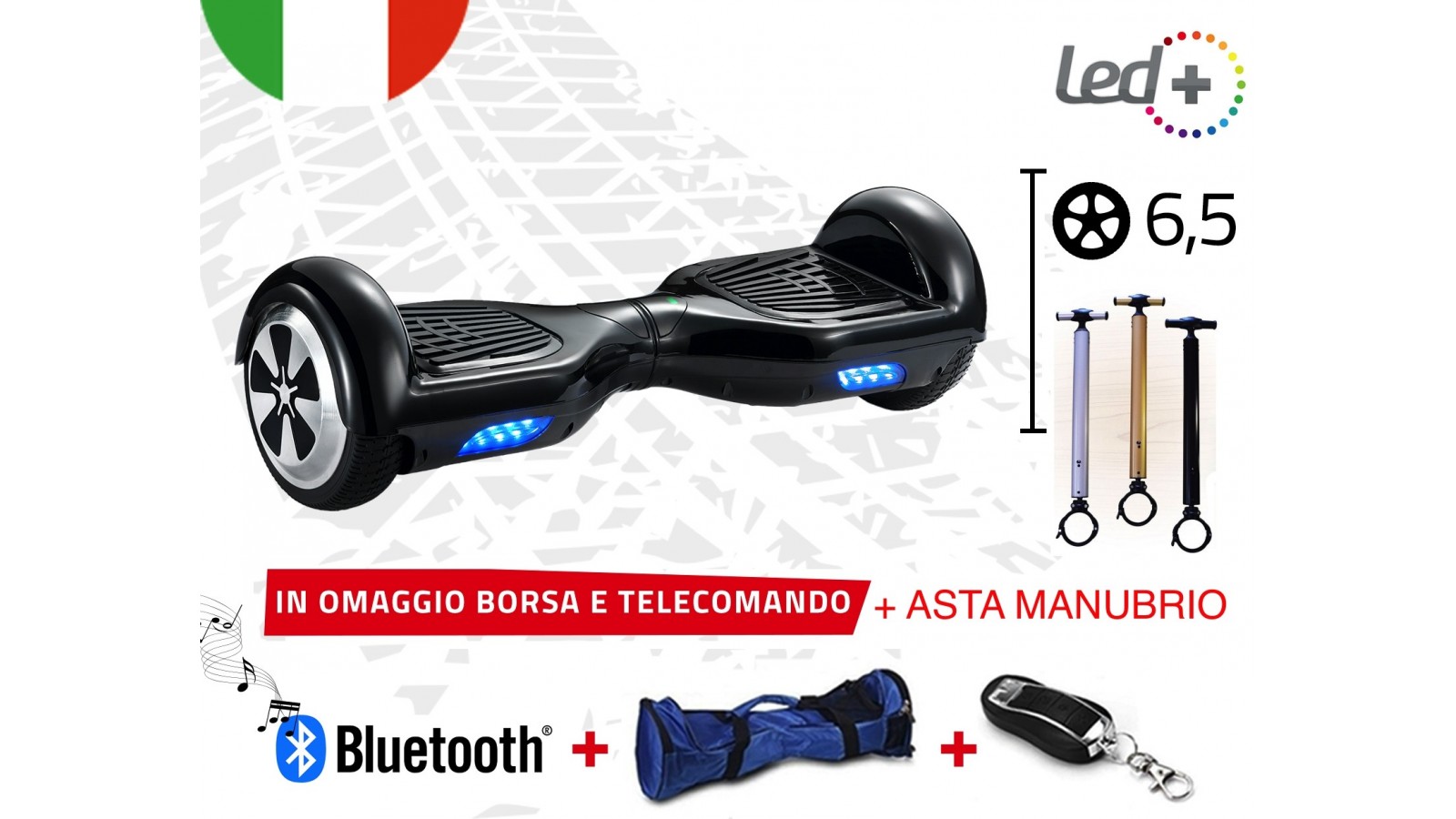 HOVERBOARD NERO 6,5 POLLICI LUCI LED BLUETOOTH SPEAKER BORSA E TELECOMANDO + ASTA