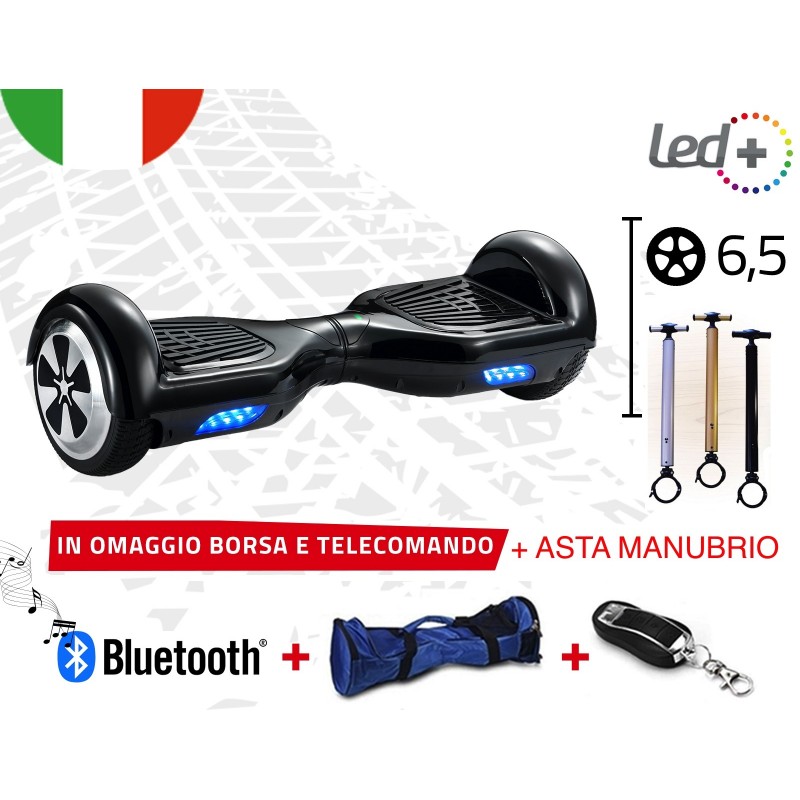 HOVERBOARD NERO 6,5 POLLICI LUCI LED BLUETOOTH SPEAKER BORSA E TELECOMANDO + ASTA